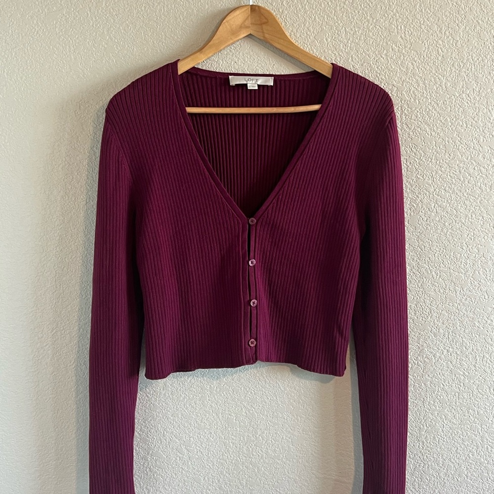LOFT Burgundy Ribbed Cropped Cardigan Y2K